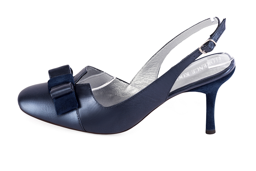 Prussian blue women's open back shoes, with a knot. Round toe. High slim heel. Profile view - Florence KOOIJMAN